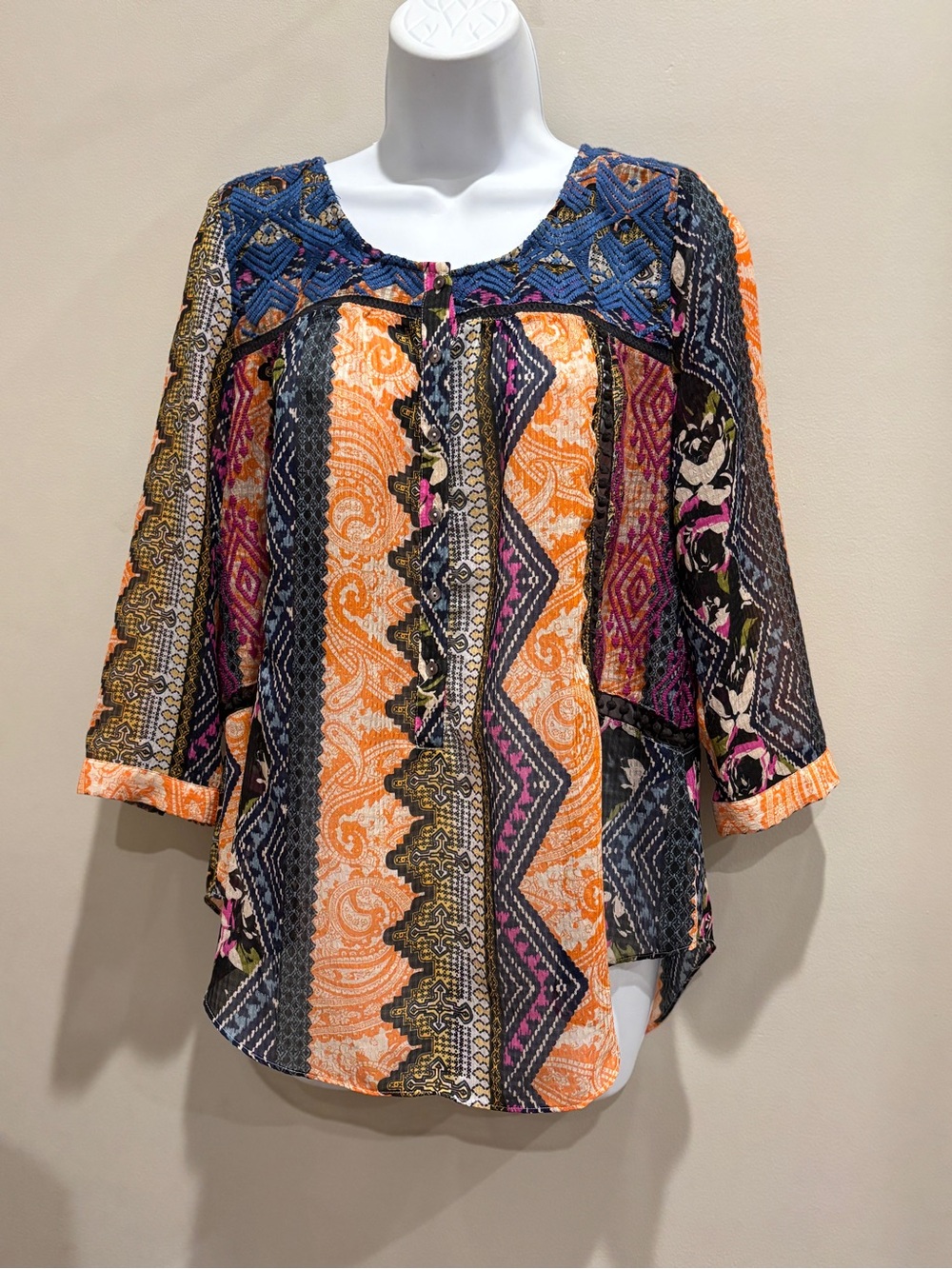Boho Patchwork Printed Peasant Top - Orange Multi